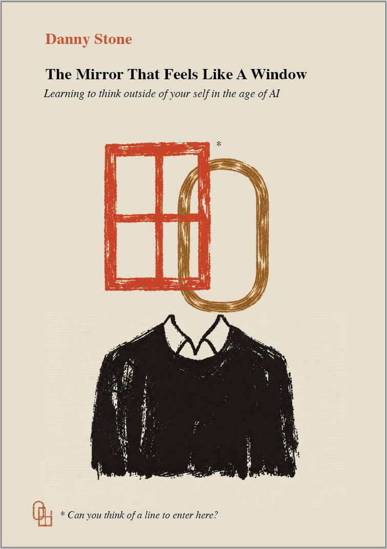Cover of The Mirror That Feels Like A Window by Danny Stone: a red window frame and a bronze oval mirror sit where a man's head should be.